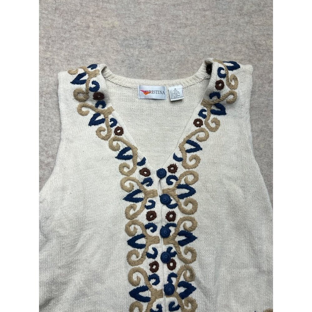 Vintage 90s Christina Knit Sweater Vest Boho Cottage Retro Western Medium - Picture 2 of 7